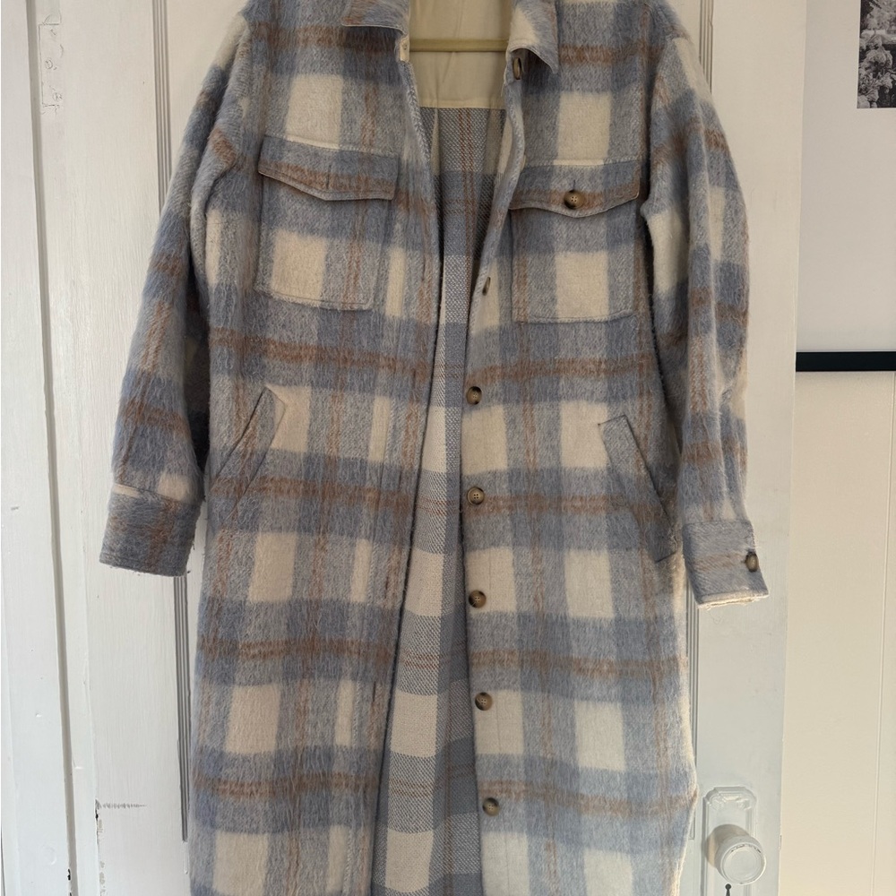 Reformation Blue and Cream Plaid Teddy Shacket